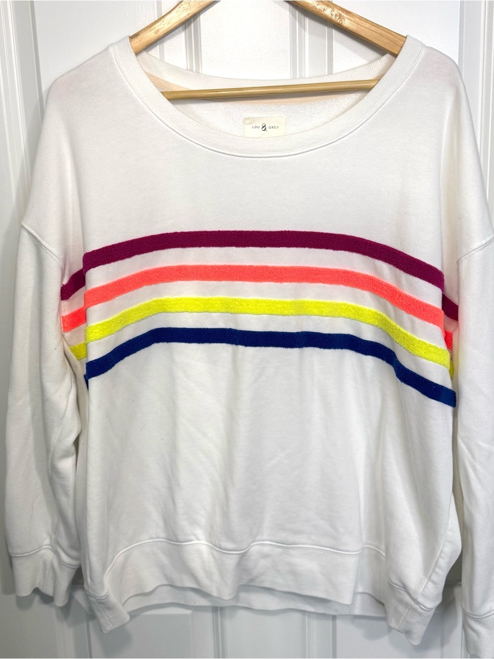 Lou and Grey White and Rainbow Striped Neon Sweater Sweatshirt Size Large